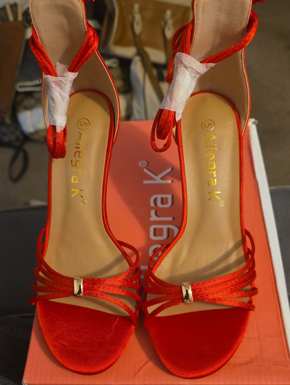Allegra K Red Strappy Velvet Ankle-Tie Heels with Gold Accent